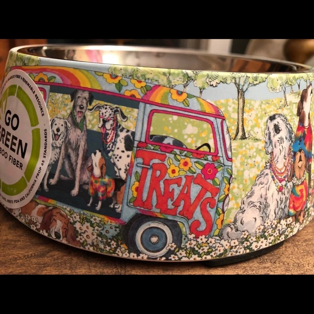 NWT Bamboo Fiber Dog Bowl w/ Stainless Bowl, Non Skid, Peace Love Treats Design